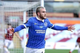 Brighton striker Aaron Connolly celebrates his goal at Burnley