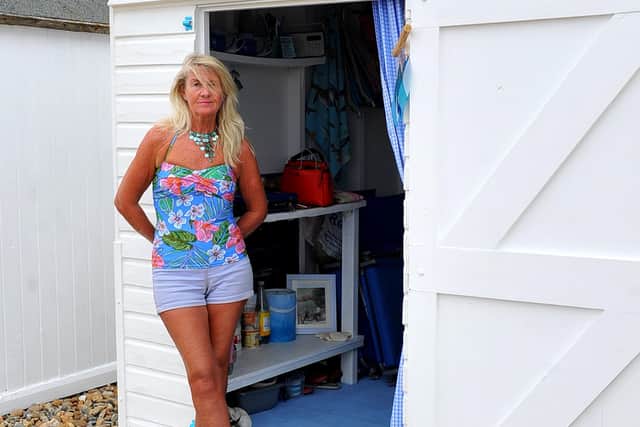 Michele Spicer at her beach hut at Sea Place, Goring