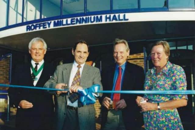 Bryan Robinson cuts the ribbon to open Roffey Millennium Hall on July 21, 2000, watched by council chairman Peter Burgess, Francis Maude MP and councillor Liz Kitchen
