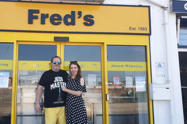 Chris and Sophie Steinmore outside Fred's fish and chips in Pier Road, Littlehampton