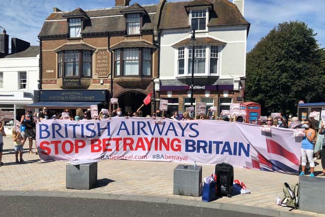 Protesters gather in Shoreham's East Street to oppose British Airways redundancies SUS-200708-081927001