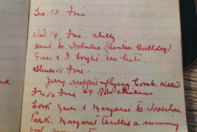 The diary entry for Thursday, June 15, 1944, confirming the doodlebug hit Marlands and killed 49 chickens