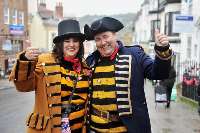 Sara Van Loock and Jim Ball from Commercial Square Bonfire Society at Lewes Bonfire in 2015. 
Photo by Simon Dack