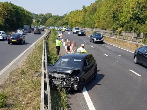 A car was involved in a collision with crash barriers on the A27. Photo: PC Glen McArthur