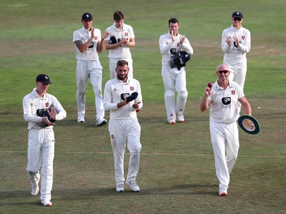 Jordan Cox (239 not out), Jack Leaning (220 not out) and Darren Stevens (5 wickets) are applauded off after Kent's innings win / Picture: Getty
