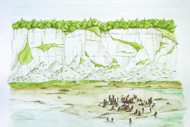 11. Lauren Gibsons artistic rendering of our interpretation of the Horse Butchery Site and the Boxgrove people. It shows how the site was situated in front of towering chalk cliffs on the edge of an intertidal lagoon. The cliffs to the north provided all the flint used in tool making at the site and, within a few hours, the tide would have begun to cover the site in fine silt, preserving evidence of the days activity. (Copyright UCL Institute of Archaeology)