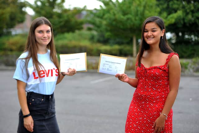 Leonie Hull and Megan Porter. A Level results day at Sir Robert Woodard Academy Lancing. Pic Steve Robards SR2008131 SUS-200813-131826001