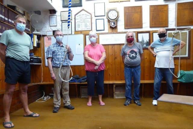 Ringers (from the left), Tom White, Mike Cattell, Val Burgess (Tower Captain), David Capewell, and Ian Smith.