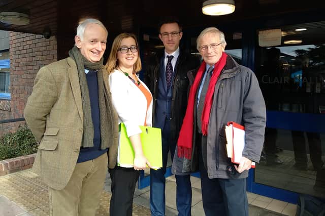 Lib Dems outside Clair Hall in Feb 2018 at a planning hearing on the 500 homes in Hassocks. Left to right Cllr Roger Cartwright, County Cllr Kirsty Lord, Cllr Benedict Dempsey, and former county councillor Colin Wilsdon.