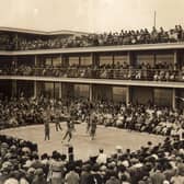 The scene at the De La Warr Pavilion in 1936, the Daily Mirror Eight dance troupe performing to a huge crowd