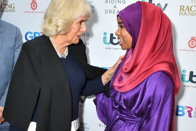Khadijah meets the Duchess of Cornwall during the premiere of Riding A Dream / Picture: Getty