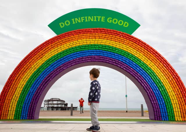 EDITORIAL USE ONLY A 4x7 metre rainbow arch, made entirely of recycled aluminium cans, which has been installed by recycling initiative â€“ Every Can Counts on Brighton Seafront to encourage members of the public to do the right thing with their drinks cans and recycle them. PA Photo. Picture date: Thursday August 27th, 2020. The installation is made up of 2,000 recycled aluminium cans and will remain in situ until the 14th September. The initiative aims to highlight that all cans are infinitely recyclable and there is no loss of quality during the recycling process, no matter the colour, size or shape. Currently in the UK, three-quarters of cans are recycled. Photo credit should read: David Parry/PA Wire SUS-200827-151500001