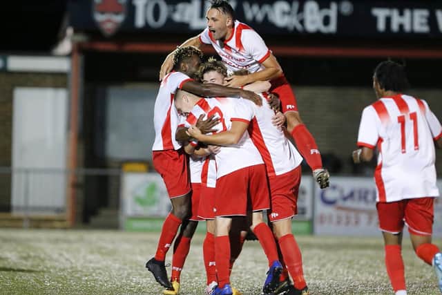 Langney Wanderers celebrate against Tower Hamlets. Picture by Lydia Redman