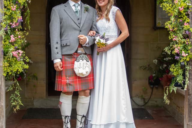 Stuart and Megan Fraser at their wedding in Highbrook Church in West Hoathly, West Sussex