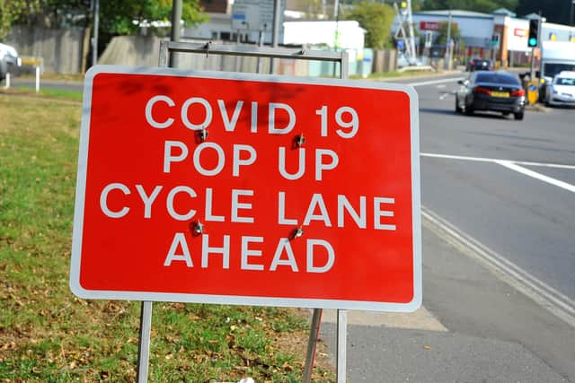 Pop-up cycle lane in Crawley. Pic Steve Robards SR2009211 SUS-200921-134801001