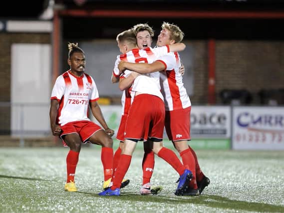 Langney celebrate one of the goals that earned them Cup progress against Tower Hamlets / Picture: Lydia Redman