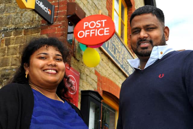 Kirish and Ricky Mahabevan. Easebourne Post Office reopens. Pic Steve Robards SR2009081 SUS-200809-171919001