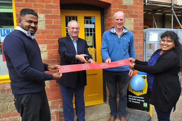 Kirish and Ricky Mahabevan, with Ian Milne Easebourne Parish Council and Francis Hobbs District Councillor for Midhurst. Easebourne Post Office reopens. Pic Steve Robards SR2009081 SUS-200809-171856001