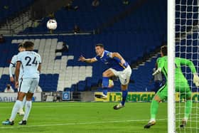 Lewis Dunk misses a golden chance in the second half for Brighton against Chelsea