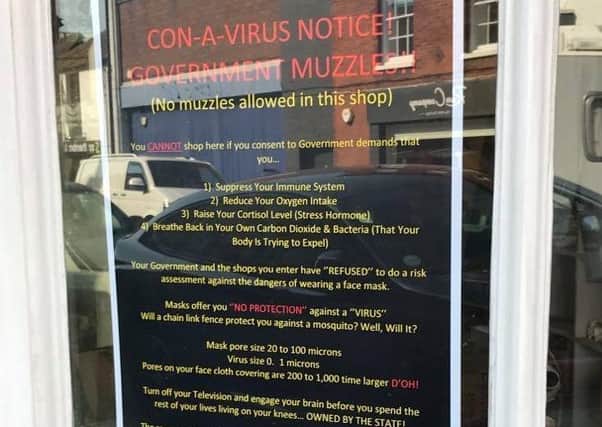 In the signs, titled the ‘con-a-virus notice’, Mr Scheider said customers ‘cannot shop here’ if you ‘consent to Government demands’