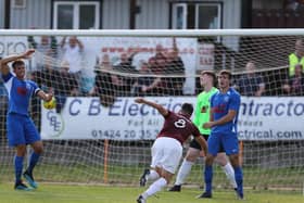Jack Dixon scores the winner against Herne Bay in the FA Cup. Picture by Scott White. Picture by Scott White