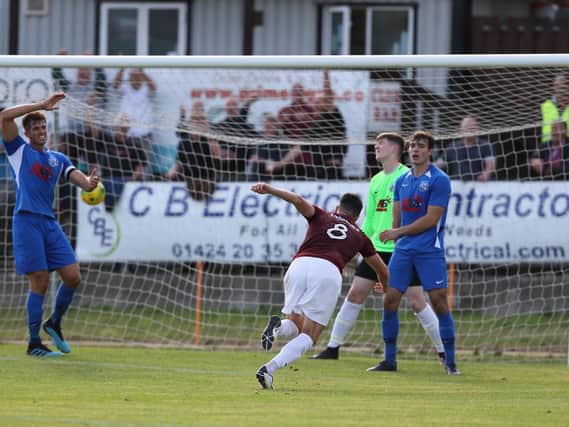 Jack Dixon scores the winner against Herne Bay in the FA Cup. Picture by Scott White. Picture by Scott White