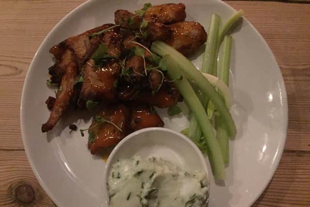 The vegan truffled buffalo wings with vegan cheese dip and celery were an amazing starter.