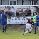 Jack Dixon hits Hastings' winner in the Cup tie with Herne Bay / Picture: Scott White