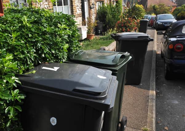 Wheelie bins in Bradford Street Eastbourne which have been emptied following a collection problem. August 29th 2013 E35279P ENGSUS00120130829115632