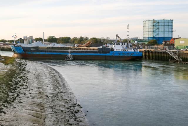 Cargo ship blocks River Arun in Littlehampton