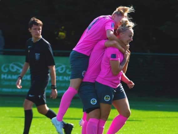 Naomi Cole (right) and Wasps celebrate the opening goal (Picture: Girls on the Ball)