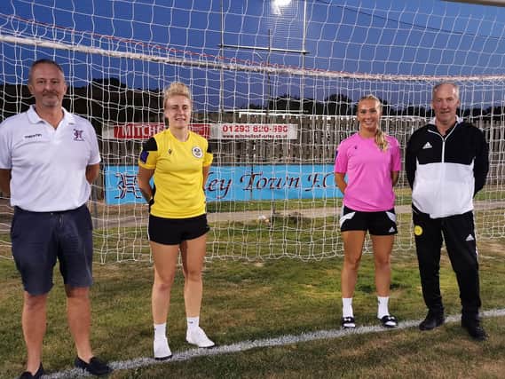 Horley Town chairman Mark Sale (left) with Wasps players Naomi Cole and Sarah Wignall and Wasps manager Dave Cole.