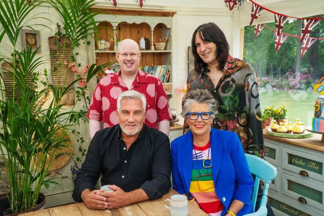 The presenters of the show, Matt Lucas and Noel Fielding, behind the judges, Prue Leith and Paul Hollywood