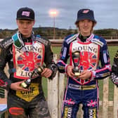 Drew Kemp, centre, with his trophy at the British U19 speedway final / Picture: Taylor Lanning Photography