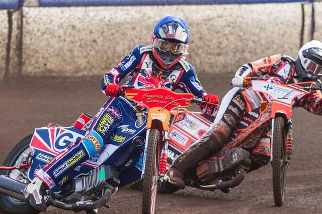 Drew Kemp, wearing blue, during the British U19 speedway final / Picture: Taylor Lanning Photography