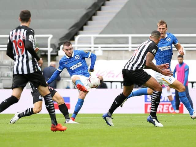 Aaron Connolly fires home an excellent third goal at Newcastle last Sunday