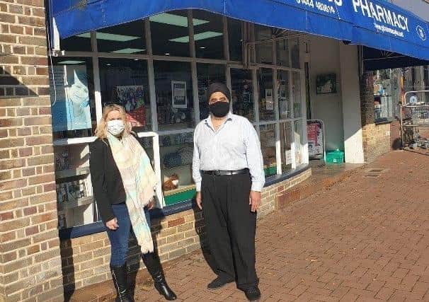 Mid Sussex MP Mims Davies with pharmacist Jagreet Singh outside Selbys Pharmacy in Lindfield,