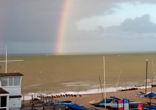 Dawn rainbow over Bexhill on Sea. Photo taken by Sue Bishop SUS-200925-084537001
