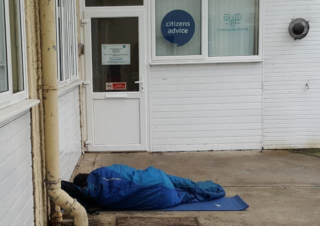 A homeless person outside Eastbourne Citizens Advice