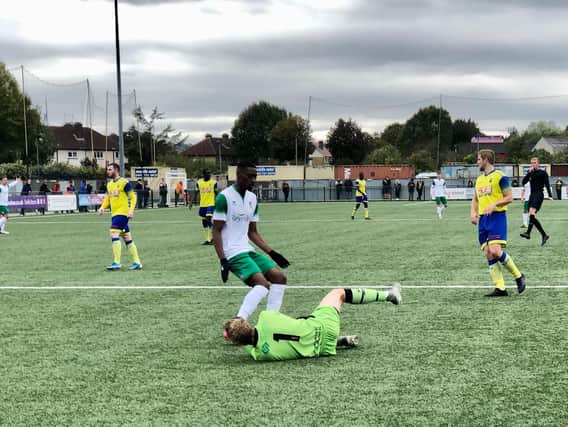 Jordy Mongoy threatens for the Rocks at Haringey - he scored in their 2-1 defeat / Picture: Martin Denyer