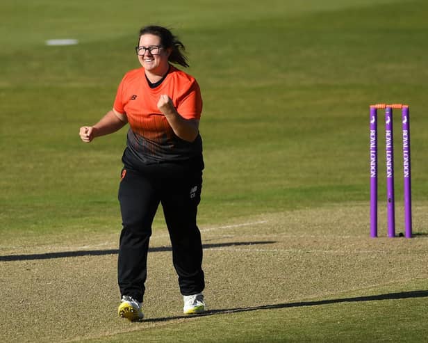 Charlotte Taylor celebrates dismissing Jenny Gunn  during the Rachael Heyhoe Flint Trophy Final between Southern Vipers and Northern Diamonds at Edgbaston on September 27, 2020 in Birmingham, England. (Photo by Gareth Copley/Getty Images)