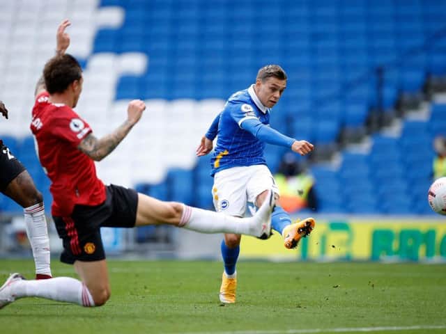 Leandro Trossard struck the woodwork on three occasions against Manchester United