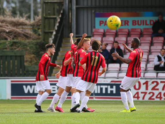 Lewes celebrate Aaron Cosgrave's opener / Picture: James Boyes