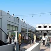 An artist's impression of the market-style retail and food outlets at The Source Park (White Rock Baths) SUS-200929-092106001