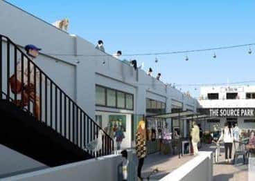 An artist's impression of the market-style retail and food outlets at The Source Park (White Rock Baths) SUS-200929-092106001