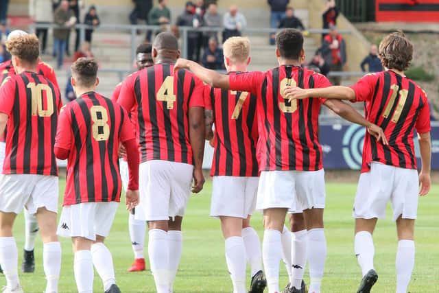 Lewes celebrate after taking the lead against Brightlingsea / Picture: Angela Brinkhurst