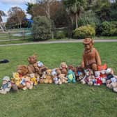 The memorial for Chris Blanchard-Cooper in Mewsbrook Park, Littlehampton, surrounded by teddy bears placed by well wishers