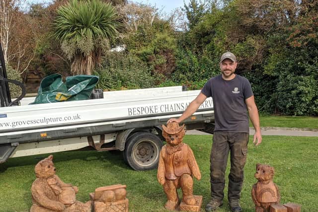 The memorial for Chris Blanchard-Cooper in Mewsbrook Park, Littlehampton. Chainsaw sculptor Simon Groves with his creations