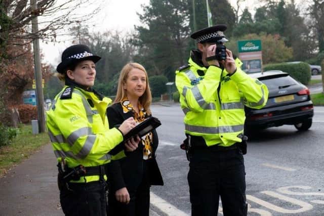 Katy Bourne with road safety officers in Haywards Heath SUS-200610-113055001