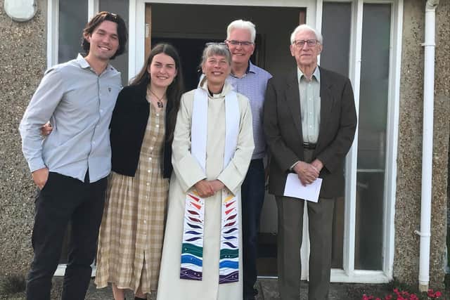 The Rev Jane Bartlett with her husband John, two of their children, Dominic and Iona, and her father, Norman Bartlett